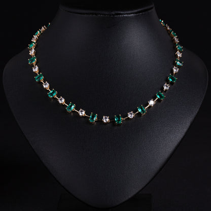 Adjustable Green Gemstone & Zircon Copper Choker Necklace with Square-Cut Accents