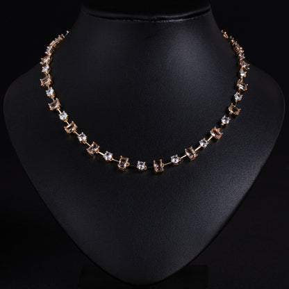 Adjustable Green Gemstone & Zircon Copper Choker Necklace with Square-Cut Accents