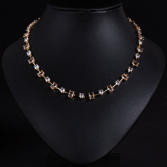 Adjustable Green Gemstone & Zircon Copper Choker Necklace with Square-Cut Accents