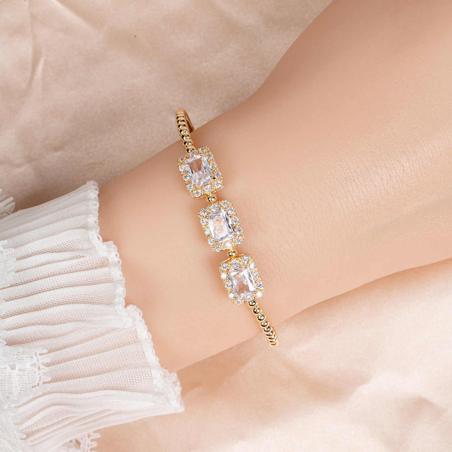 Regal Red Zircon & 14K Gold-Tone Copper Bracelet with Ornate Square Settings for Evening Glamour & Statement Gift-Giving