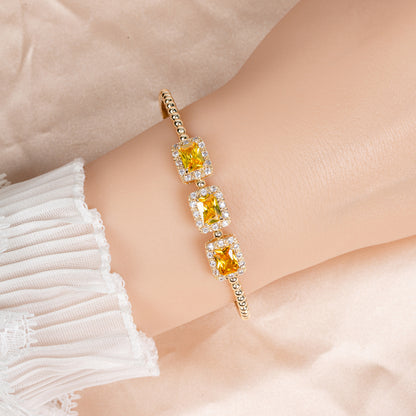 Regal Red Zircon & 14K Gold-Tone Copper Bracelet with Ornate Square Settings for Evening Glamour & Statement Gift-Giving