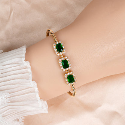 Regal Red Zircon & 14K Gold-Tone Copper Bracelet with Ornate Square Settings for Evening Glamour & Statement Gift-Giving