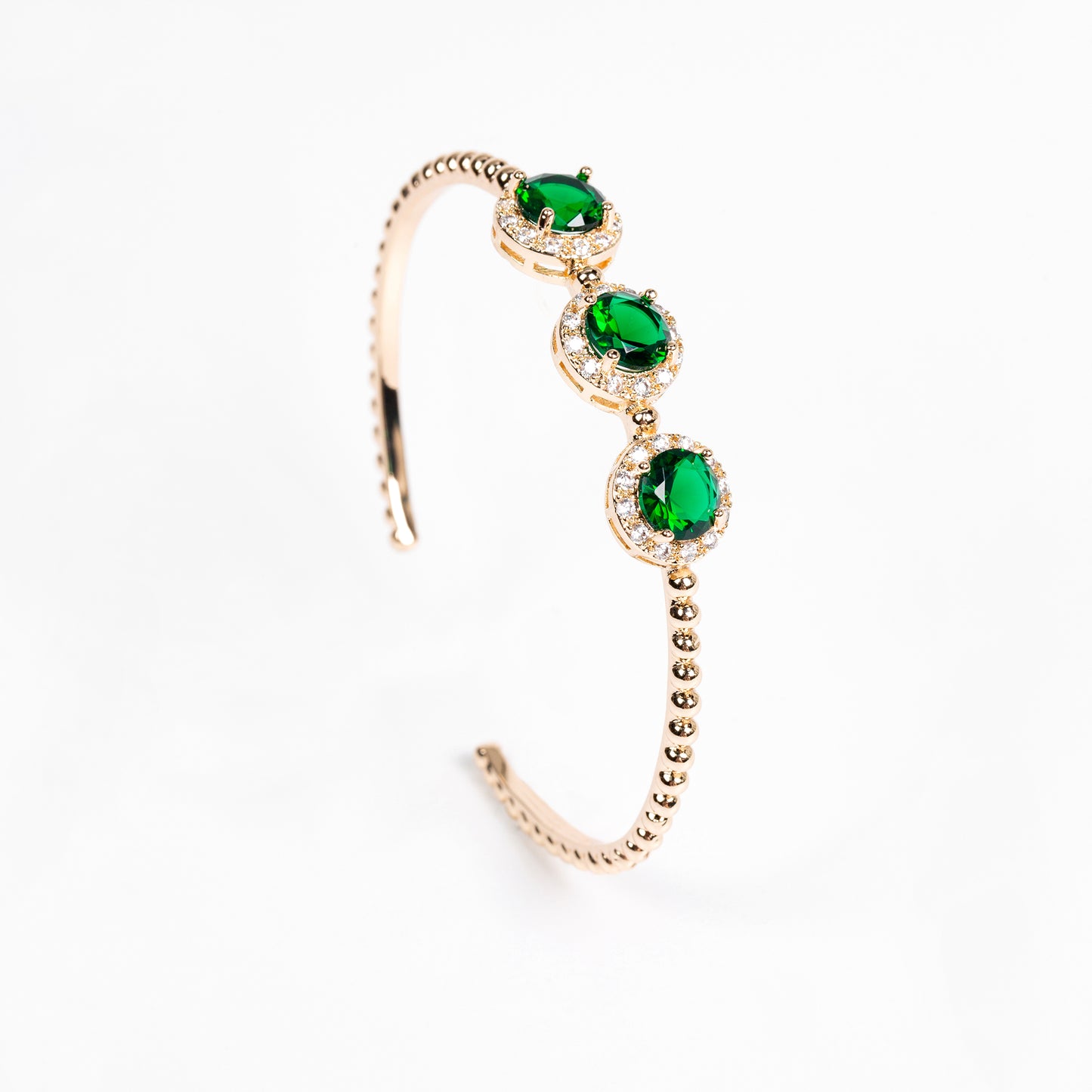 14K Golden Copper Beaded Bracelet with Green Gemstone Centers and Zircon Floral Halos for Elegant Daily Wear & Gift-Giving Occasions
