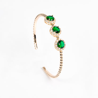 14K Golden Copper Beaded Bracelet with Green Gemstone Centers and Zircon Floral Halos for Elegant Daily Wear & Gift-Giving Occasions