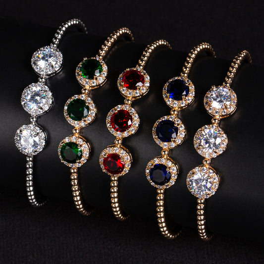 14K Golden Copper Beaded Bracelet with Green Gemstone Centers and Zircon Floral Halos for Elegant Daily Wear & Gift-Giving Occasions