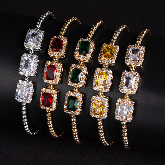 Regal Red Zircon & 14K Gold-Tone Copper Bracelet with Ornate Square Settings for Evening Glamour & Statement Gift-Giving