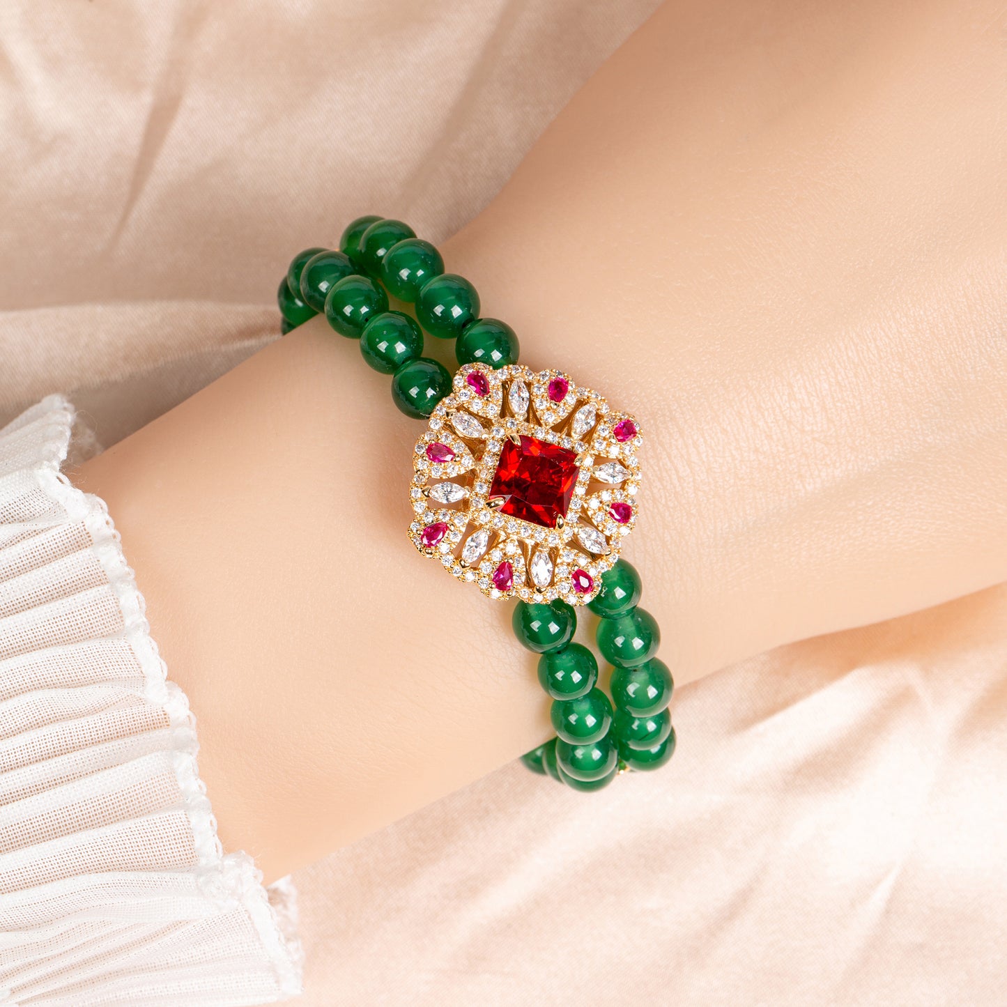 Double-Strand Green Gemstone Bracelet with Ornate Square Zircon Centerpiece & Gold-Tone Copper Clasp for Elegant Occasions & Statement Jewelry Lovers