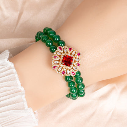 Double-Strand Green Gemstone Bracelet with Ornate Square Zircon Centerpiece & Gold-Tone Copper Clasp for Elegant Occasions & Statement Jewelry Lovers