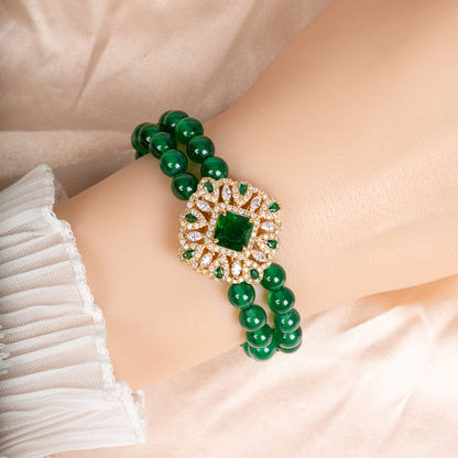 Double-Strand Green Gemstone Bracelet with Ornate Square Zircon Centerpiece & Gold-Tone Copper Clasp for Elegant Occasions & Statement Jewelry Lovers
