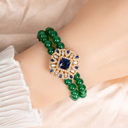 Double-Strand Green Gemstone Bracelet with Ornate Square Zircon Centerpiece & Gold-Tone Copper Clasp for Elegant Occasions & Statement Jewelry Lovers