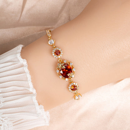 Adjustable 14K Gold-Plated Copper Bracelet with Caramel Zircon Halo & Diamond-Cut Chain