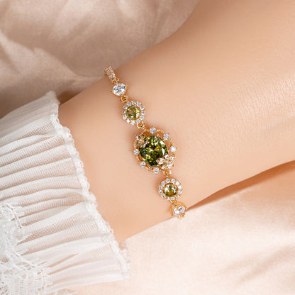 Adjustable 14K Gold-Plated Copper Bracelet with Caramel Zircon Halo & Diamond-Cut Chain