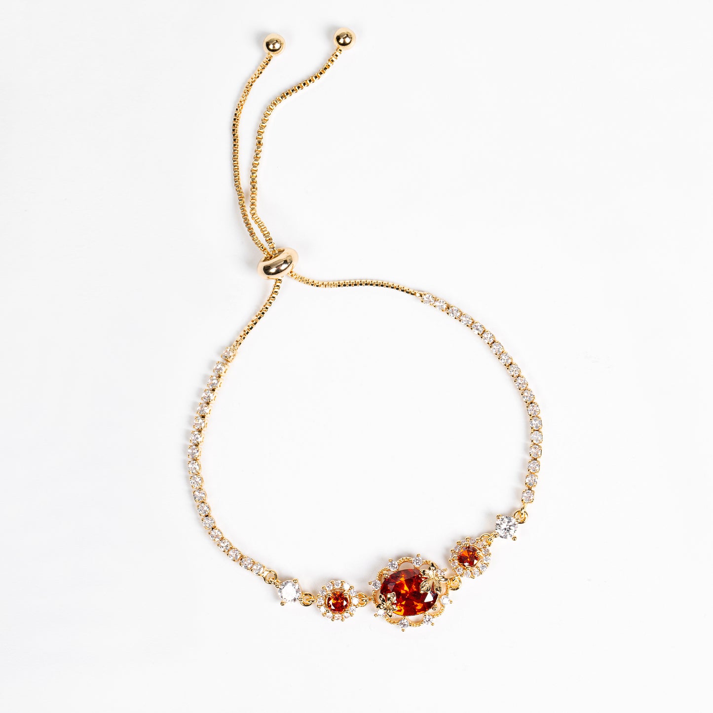 Adjustable 14K Gold-Plated Copper Bracelet with Caramel Zircon Halo & Diamond-Cut Chain