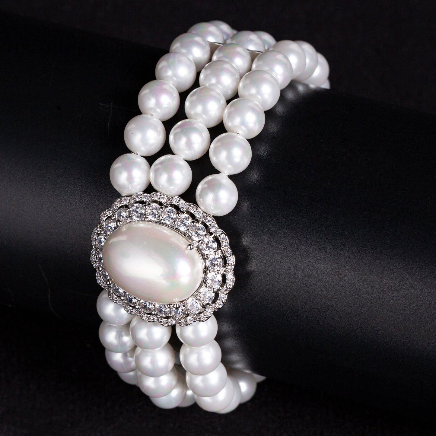Triple-Layer Pearl Bracelet with Round Cubic Zirconia Diamond