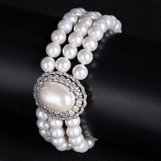 Triple-Layer Pearl Bracelet with Round Cubic Zirconia Diamond