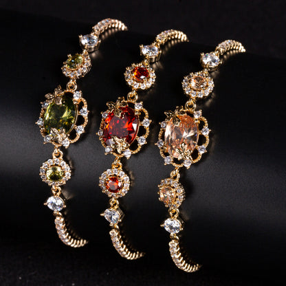 Adjustable 14K Gold-Plated Copper Bracelet with Caramel Zircon Halo & Diamond-Cut Chain