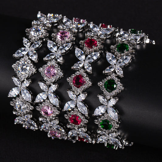 Elegant Rhodium-Plated Copper Bracelet with Green & White Cubic Zirconia Floral Cluster and Secure Clasp