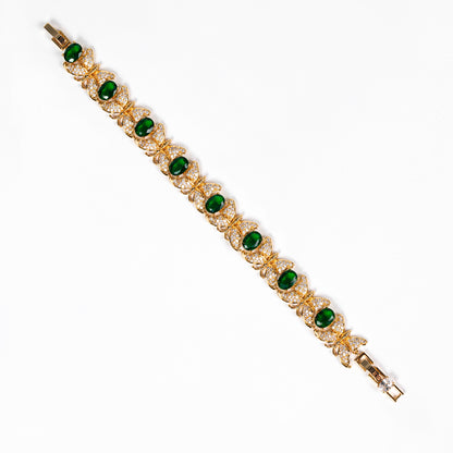 Butterfly Elegance: 14K Gold-Plated Copper Bracelet with Emerald Zircon & Floral Motifs for Garden Parties & Romantic Gift-Giving