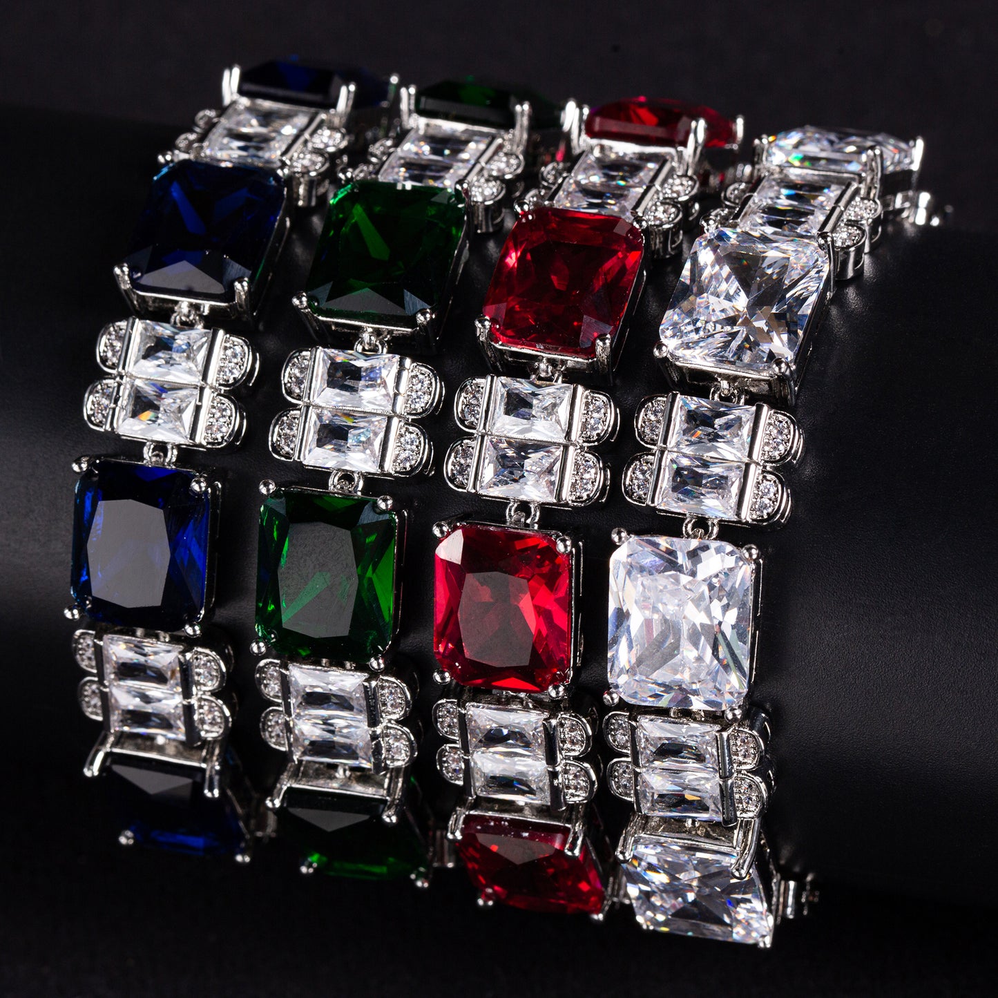Vivid Green & Clear Zircon Copper Square Shaped Endless Sparkly Diamond Bracelet For Gift Jewelry