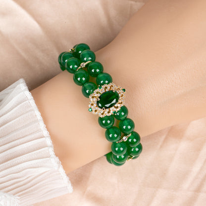 Double-Strand Green Gemstone Bracelet with Ornate Square Zircon Centerpiece & Gold-Tone Copper Clasp