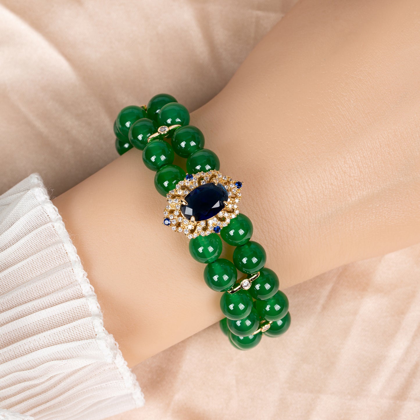 Double-Strand Green Gemstone Bracelet with Ornate Square Zircon Centerpiece & Gold-Tone Copper Clasp