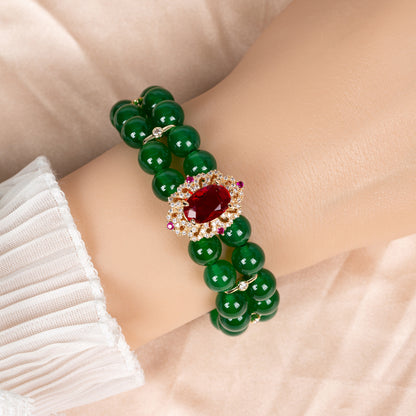 Double-Strand Green Gemstone Bracelet with Ornate Square Zircon Centerpiece & Gold-Tone Copper Clasp