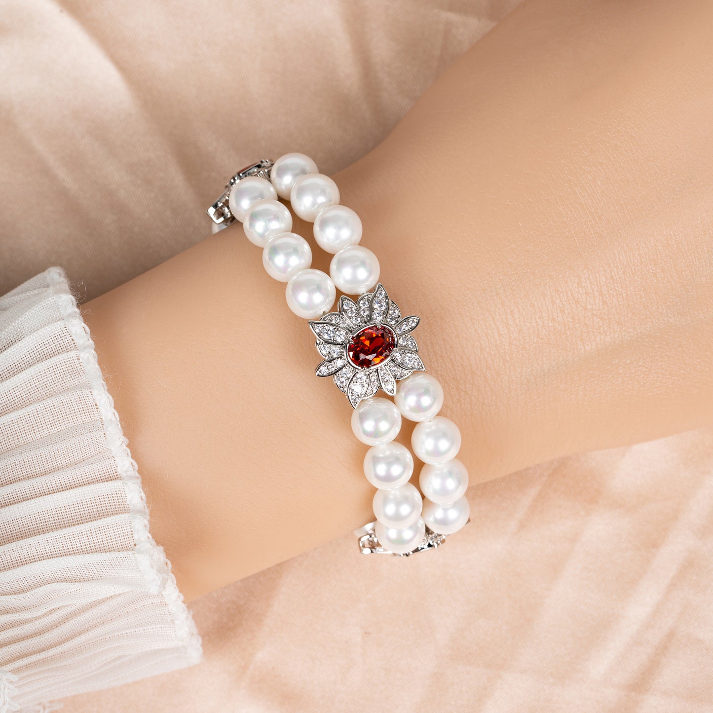 Green Gemstone & Zircon Copper Link Double Layered Bracelt AAA Cubic Zircon Pearl Bracelets Women