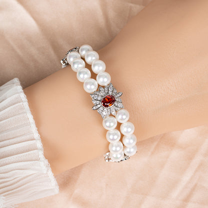 Green Gemstone & Zircon Copper Link Double Layered Bracelt AAA Cubic Zircon Pearl Bracelets Women