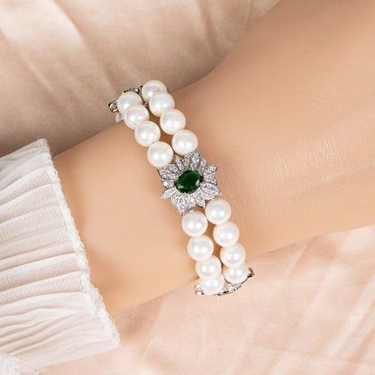 Green Gemstone & Zircon Copper Link Double Layered Bracelt AAA Cubic Zircon Pearl Bracelets Women