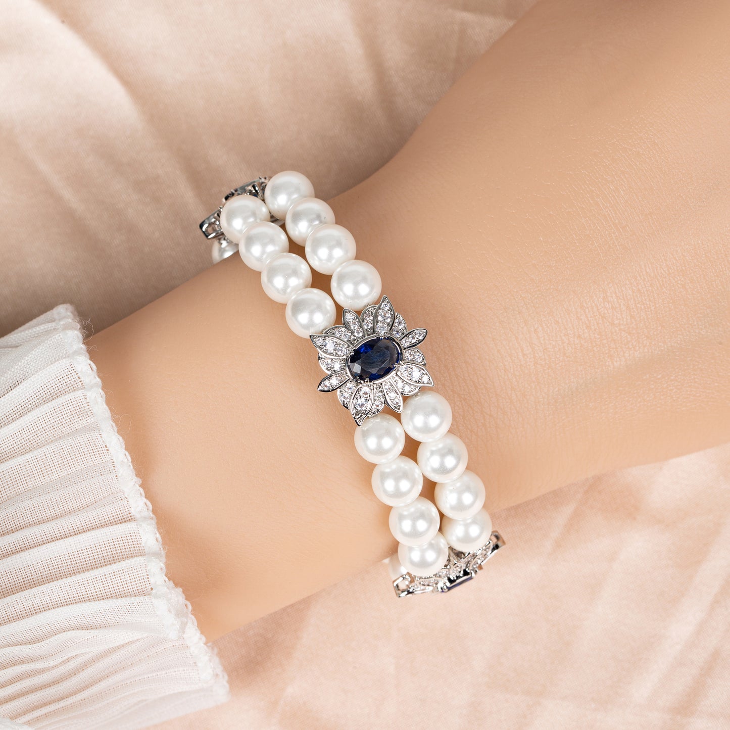 Green Gemstone & Zircon Copper Link Double Layered Bracelt AAA Cubic Zircon Pearl Bracelets Women