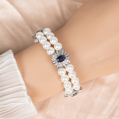 Green Gemstone & Zircon Copper Link Double Layered Bracelt AAA Cubic Zircon Pearl Bracelets Women