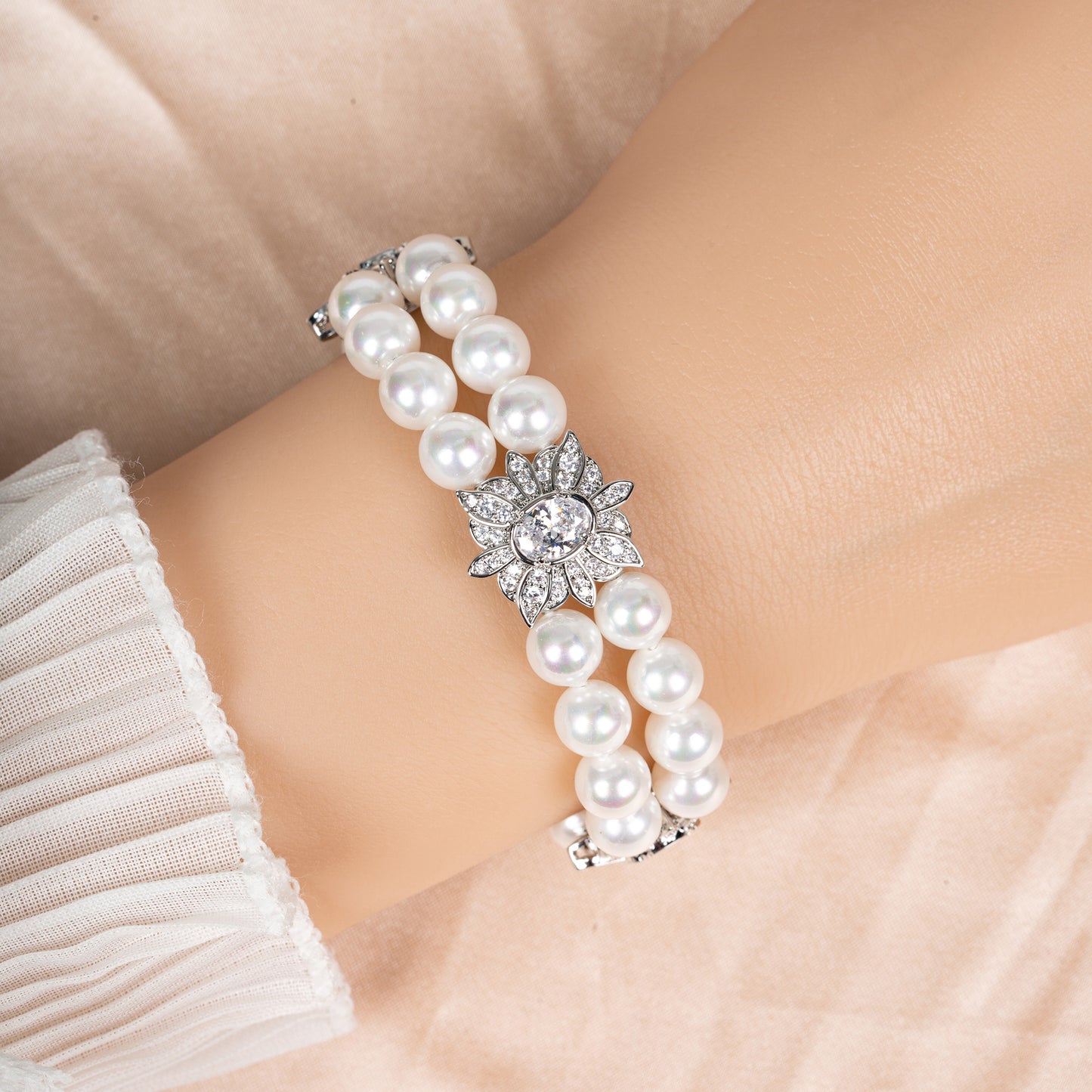 Green Gemstone & Zircon Copper Link Double Layered Bracelt AAA Cubic Zircon Pearl Bracelets Women