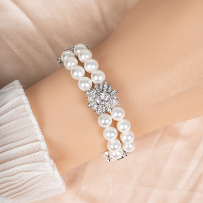 Green Gemstone & Zircon Copper Link Double Layered Bracelt AAA Cubic Zircon Pearl Bracelets Women