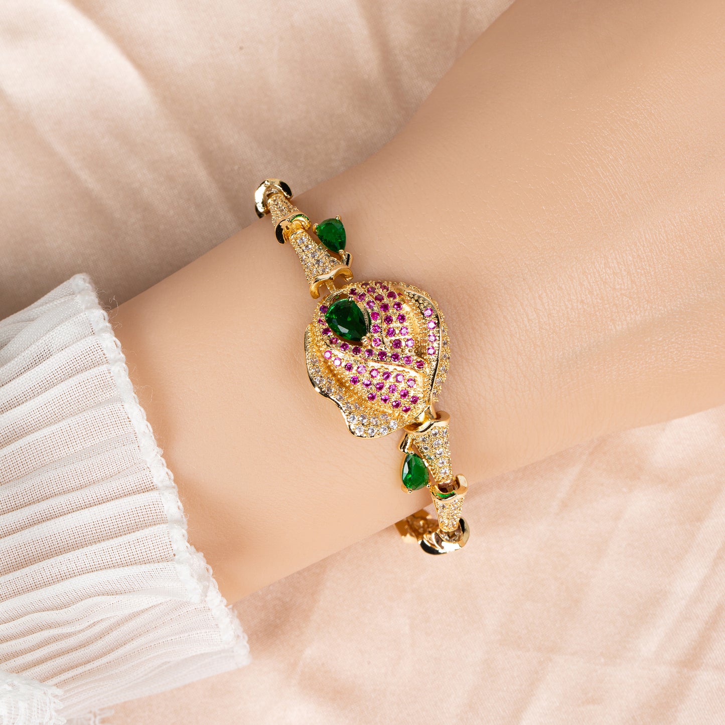 14K Gold-Tone Copper CZ Bracelet with Multi-Gem Blossom Flower Luxury Jewelry Bracelets For Women