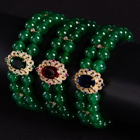 Double-Strand Green Gemstone Bracelet with Ornate Square Zircon Centerpiece & Gold-Tone Copper Clasp