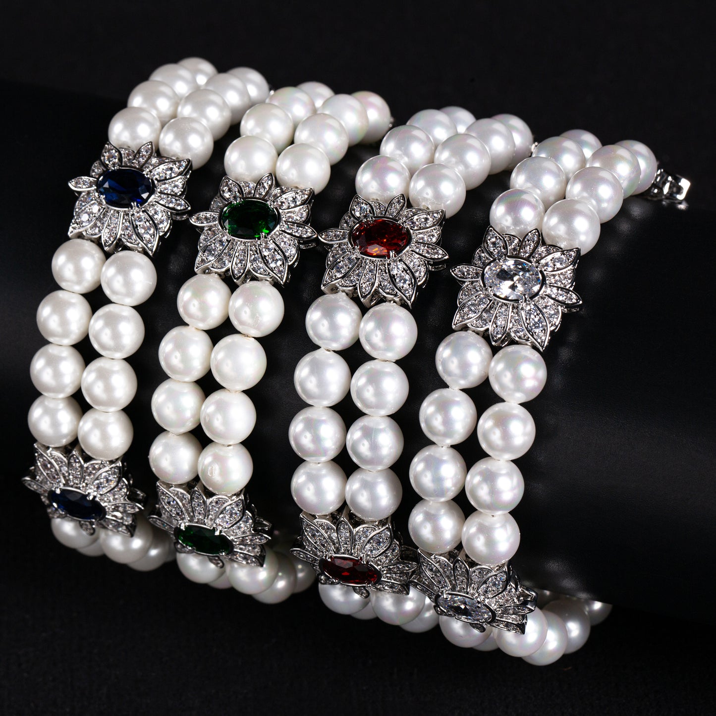 Green Gemstone & Zircon Copper Link Double Layered Bracelt AAA Cubic Zircon Pearl Bracelets Women