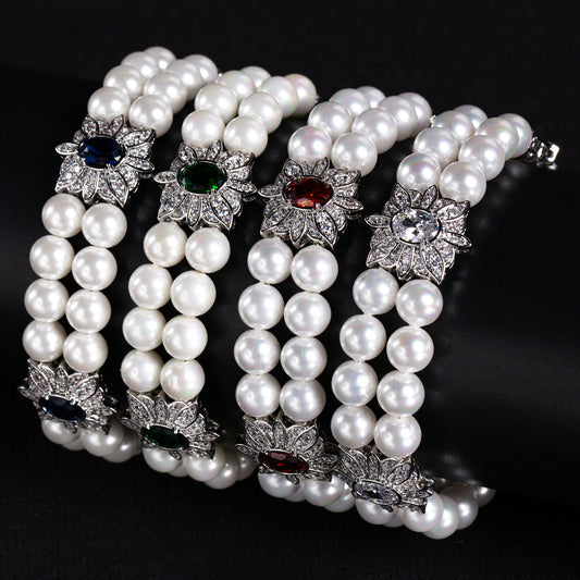 Green Gemstone & Zircon Copper Link Double Layered Bracelt AAA Cubic Zircon Pearl Bracelets Women