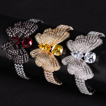 Butterfly Elegance:14K Gold-Tone Copper & Zircon Bracelet with Yellow Zircon Full Diamond Stone Paved Bracelets Women