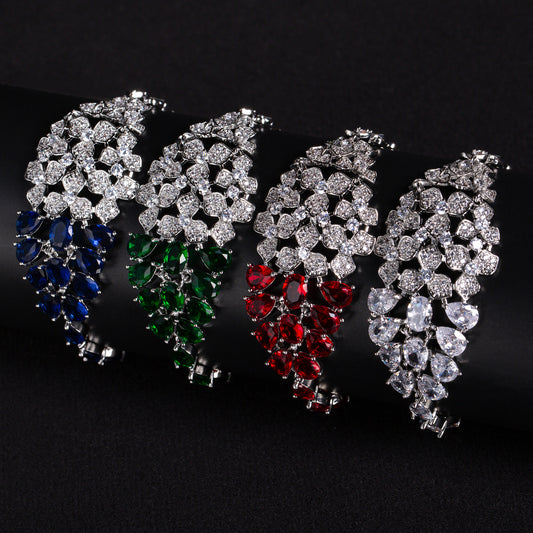 Clustered White Zircon & Teardrop Green Zircon Copper Statement Bracelet Full Cubic Paved For Women Hot Sale