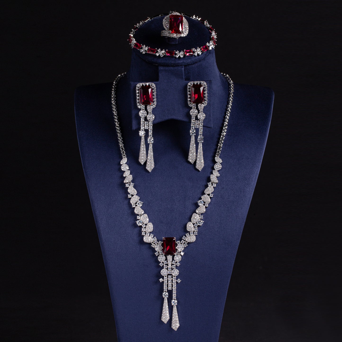 Luxury Rhodium-Plated Copper & CZ Jewelry Set with Multi Color 4pcs Tassel Dangling Necklace Earrings