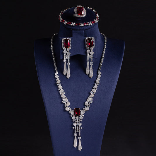 Luxury Rhodium-Plated Copper & CZ Jewelry Set with Multi Color 4pcs Tassel Dangling Necklace Earrings