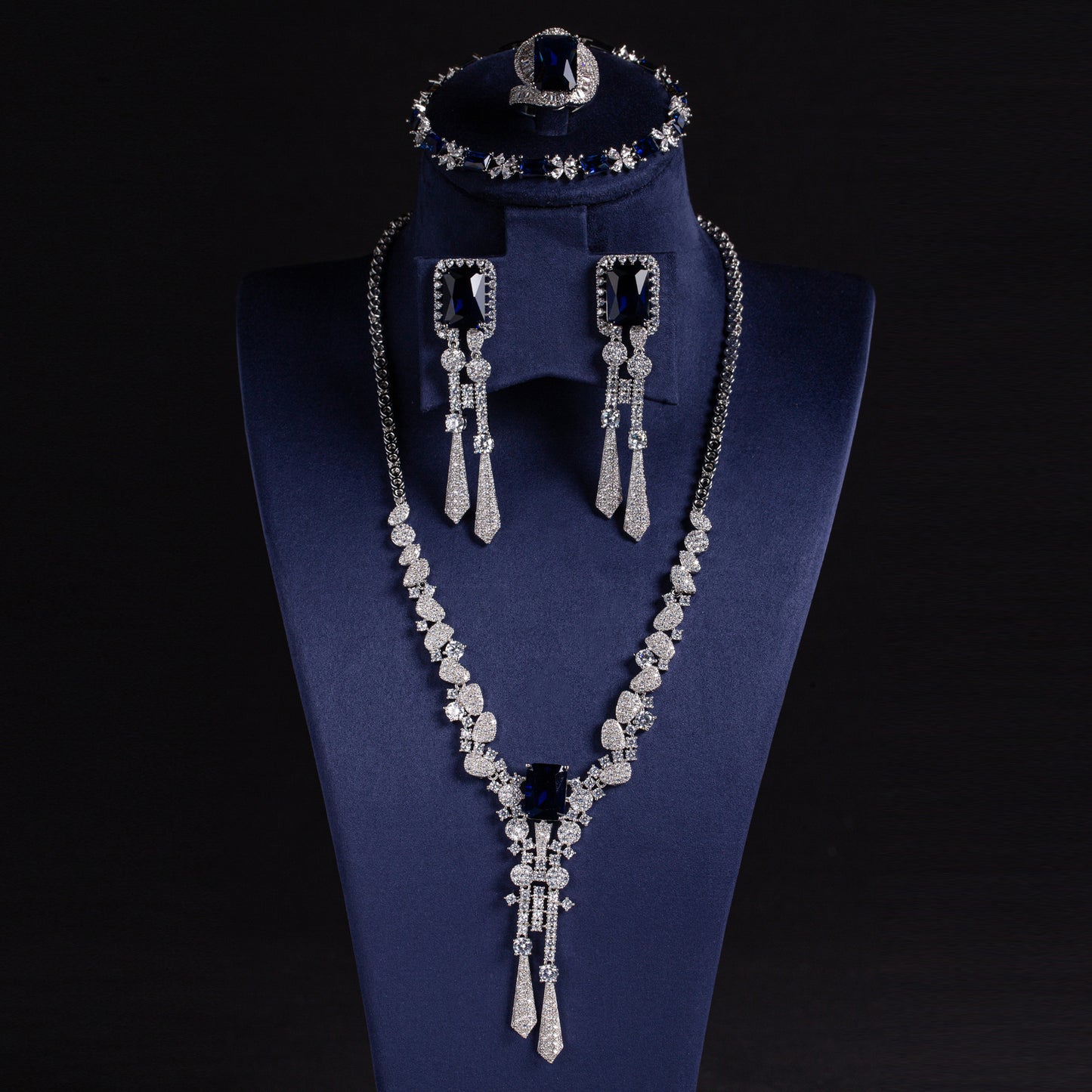 Luxury Rhodium-Plated Copper & CZ Jewelry Set with Multi Color 4pcs Tassel Dangling Necklace Earrings