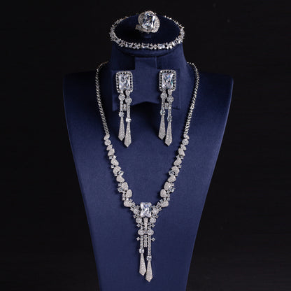 Luxury Rhodium-Plated Copper & CZ Jewelry Set with Multi Color 4pcs Tassel Dangling Necklace Earrings