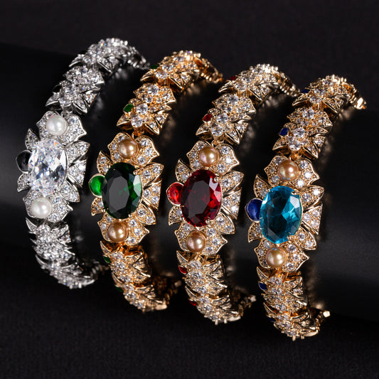 Luxury 14K Gold-Tone Copper Zircon Bracelet with Emerald Green Colorful AAA Zircon Gold Bracelets