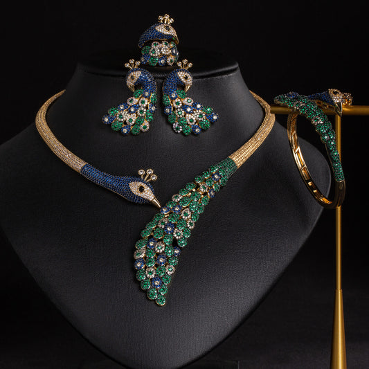 Statement Peacock Jewelry Set in 14K Gold Plated with Blue-Green Zirconia Royal Necklace Stud Earrings Bangle Ring Sets Women