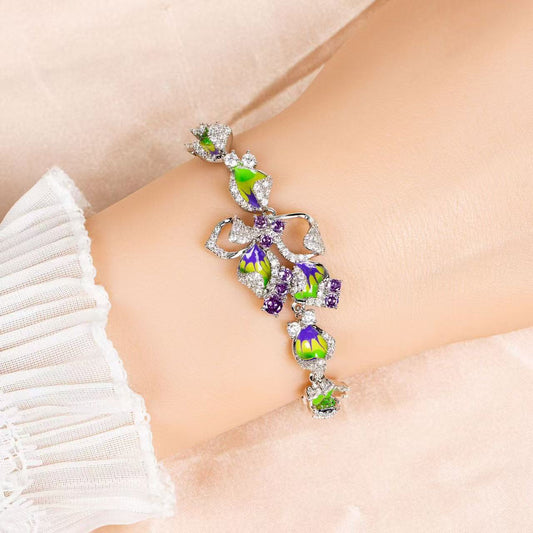 Crystal Floral Copper Bracelet with Pink-Purple Gradient & Diamond-Cut Zircon Halos for Romantic Occasions & Daily Elegant Wear