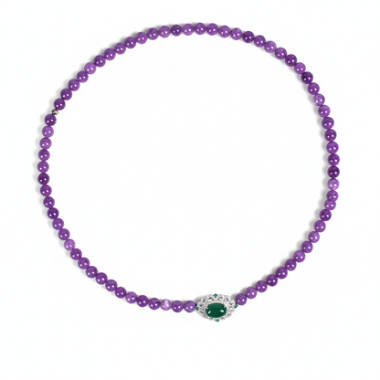 Regal Amethyst Bead Necklace with Ornate Copper Clasp and Green Zircon Centerpiece