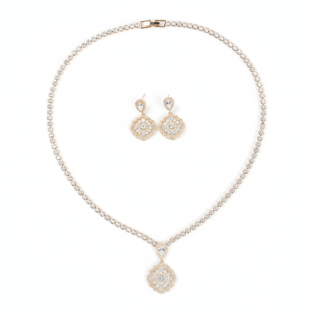 Elegant 14K Gold-Plated Copper Zircon Jewelry Set with Round CZ Pendant and Matching Earrings