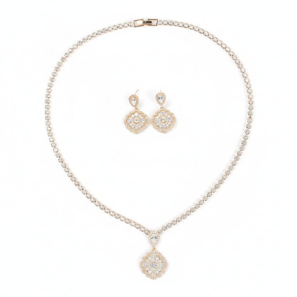 Elegant 14K Gold-Plated Copper Zircon Jewelry Set with Round CZ Pendant and Matching Earrings
