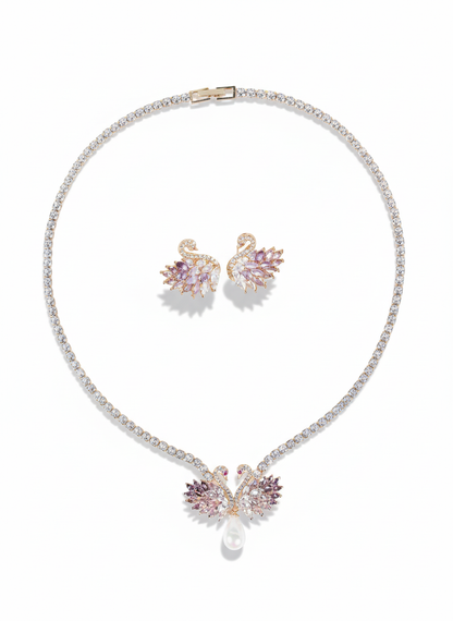 Elegant 14K Gold-Plated Copper Swan Jewelry Set with Pink & White Zircon Accents and Pearl Drop Details